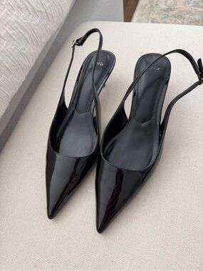 Mango Black Patent Pointed Slingback Heels